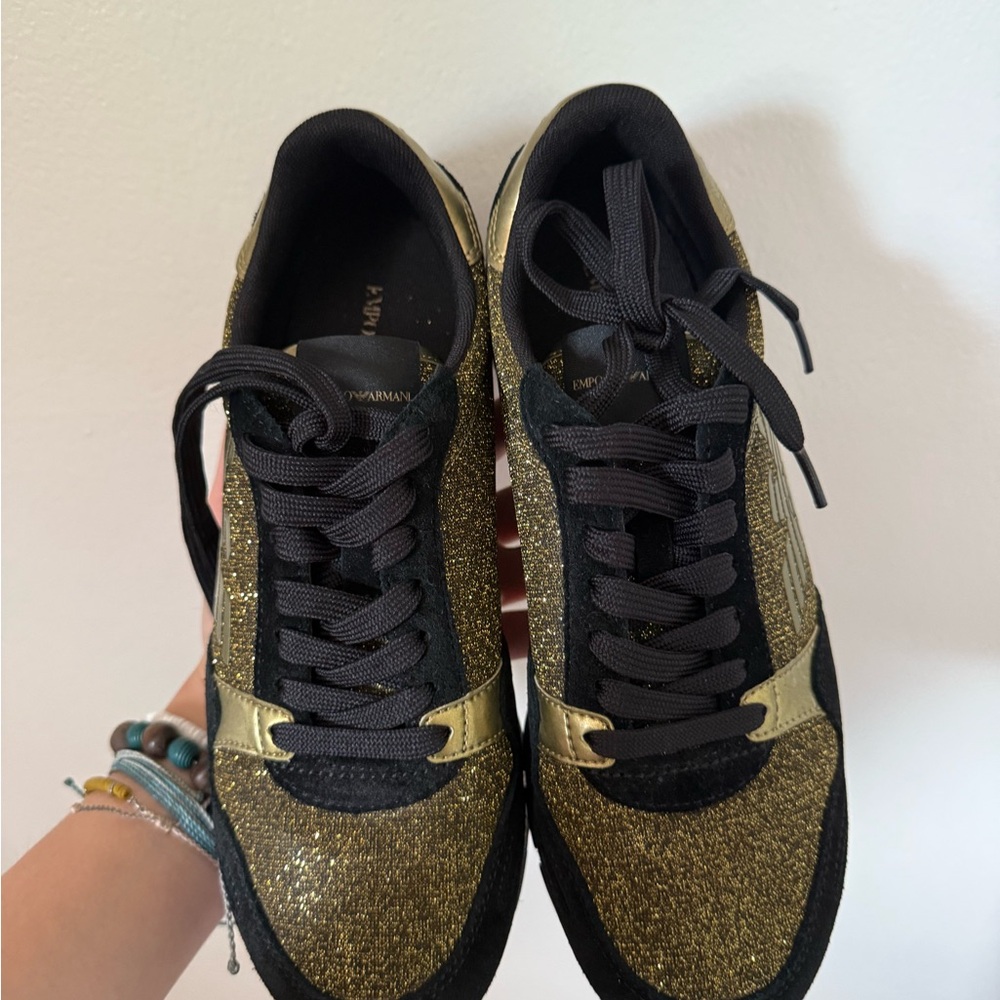 Emporio Armani Women's Glittering Gold and Black Sneakers